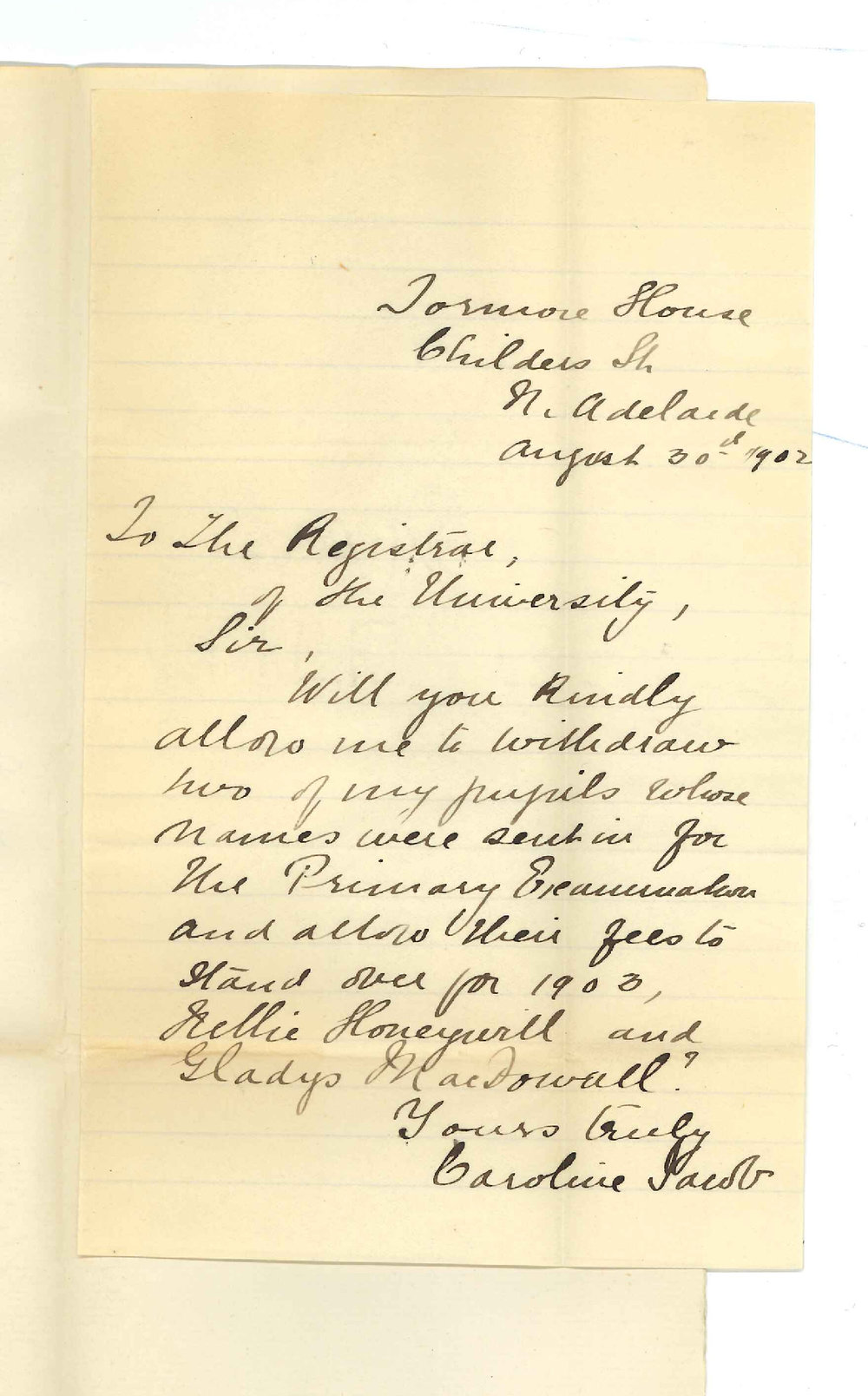 Miss Caroline Jacob - North Adelaide - Withdrawing Misses Honeywell and MacDowall from Primary Public Exam