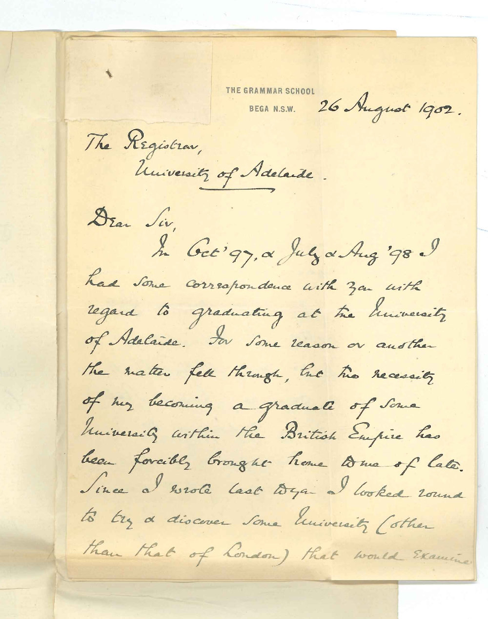 Reverend Alfred J Rolfe - Bega NSW - Concerning admission to the University