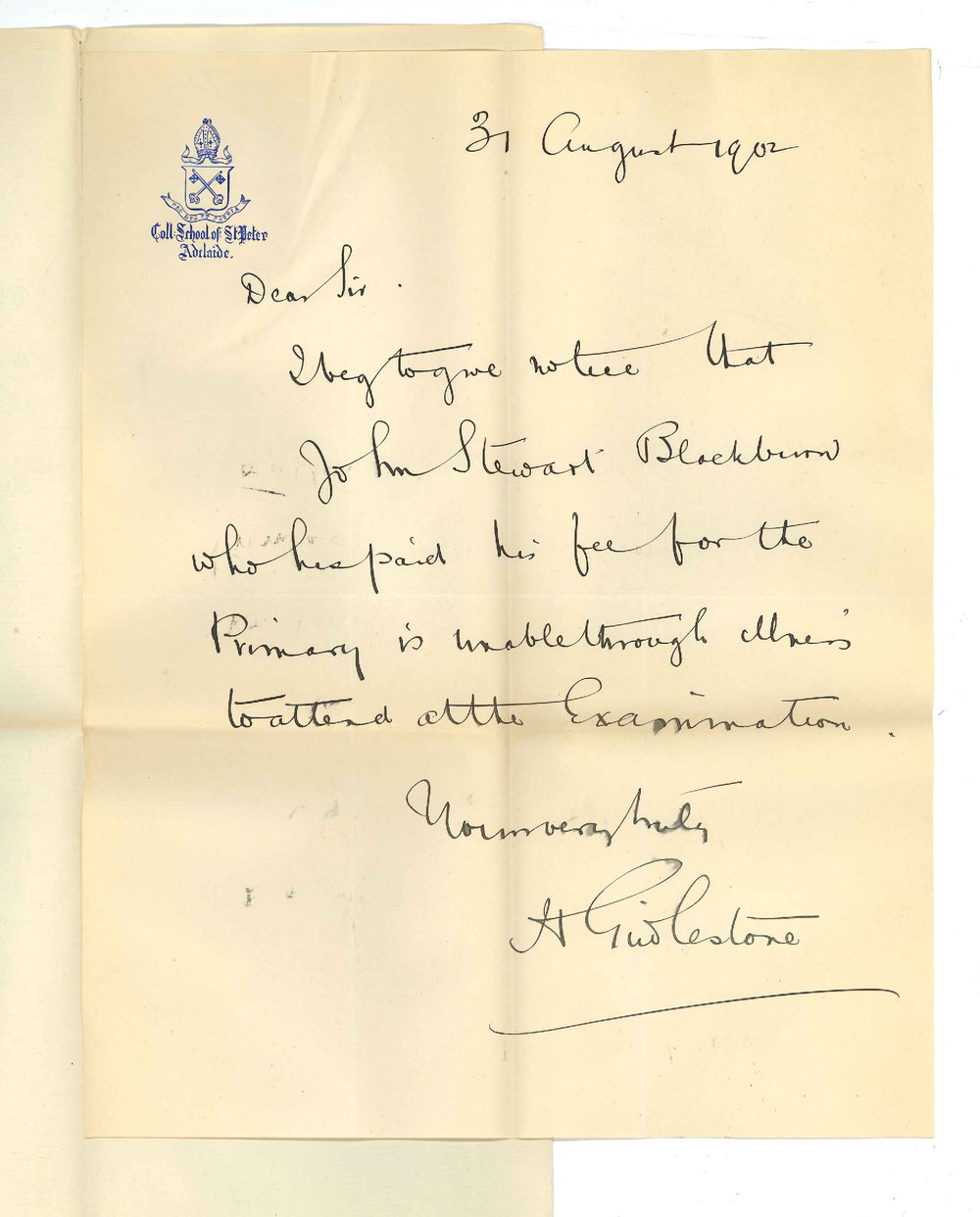 Reverend H Girdlestone - St Peters College - Withdrawing Master J S Blackburn from Primary Public Exam