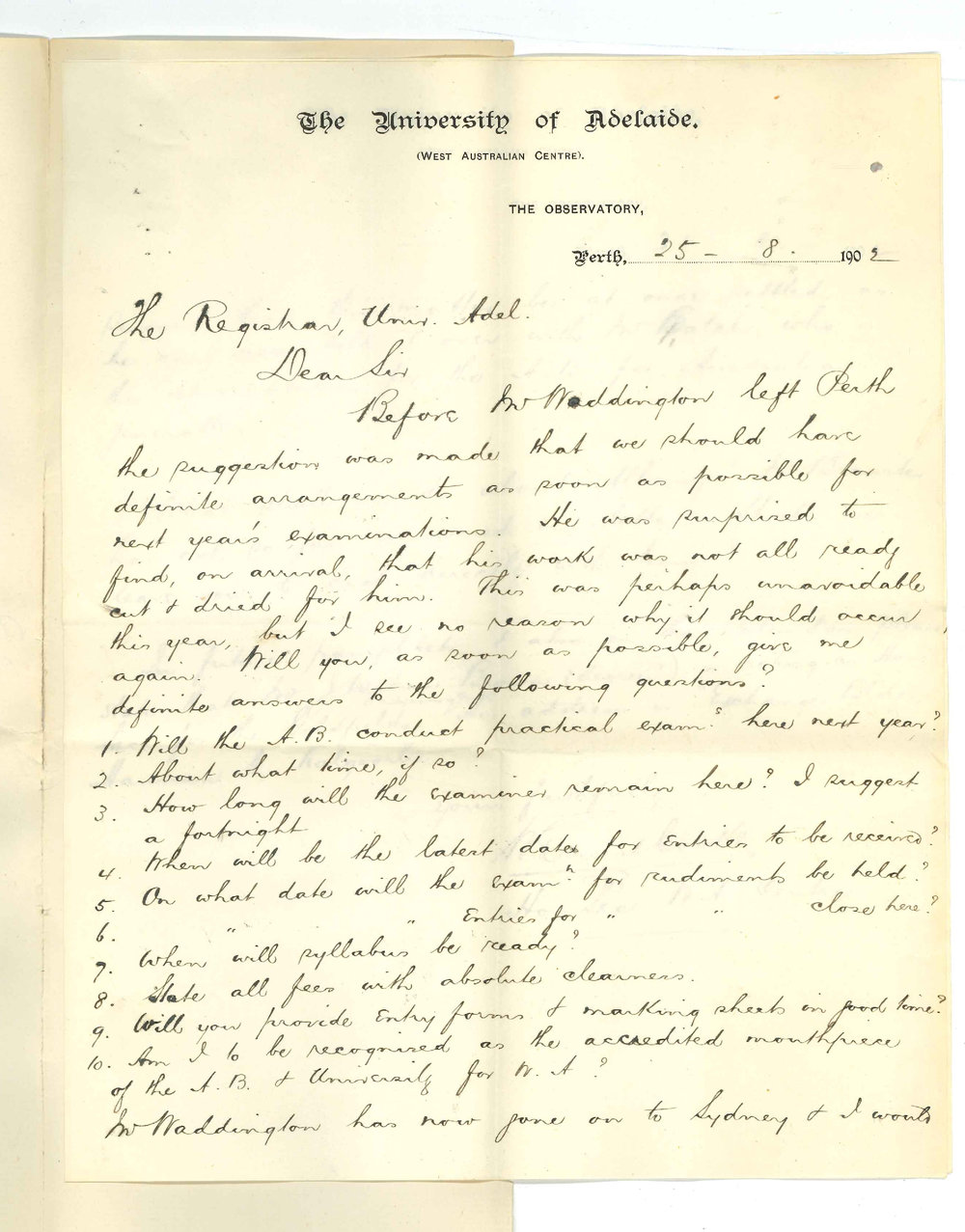 W Ernest Cooke - Perth - Arrangements for Music Exam for 1903 with respect to Albany Centre - Giving name of Secretary for Centre at Goldfields