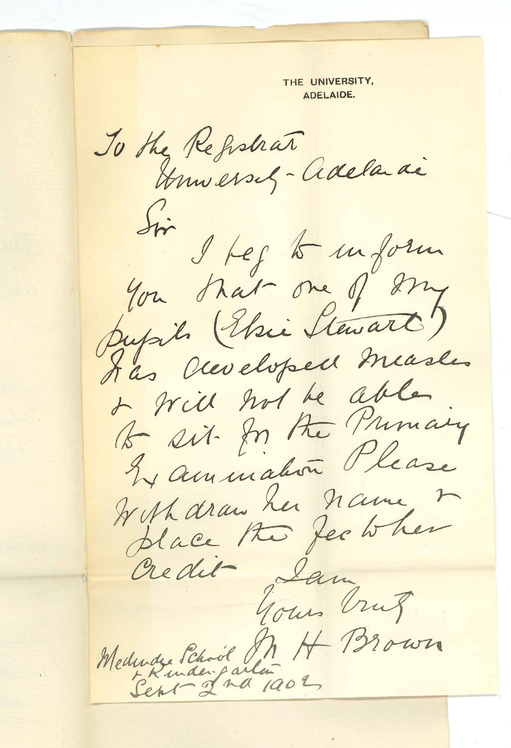 Miss M H Brown - Medindie - Withdrawing Elsie Stewart from Primary Examination