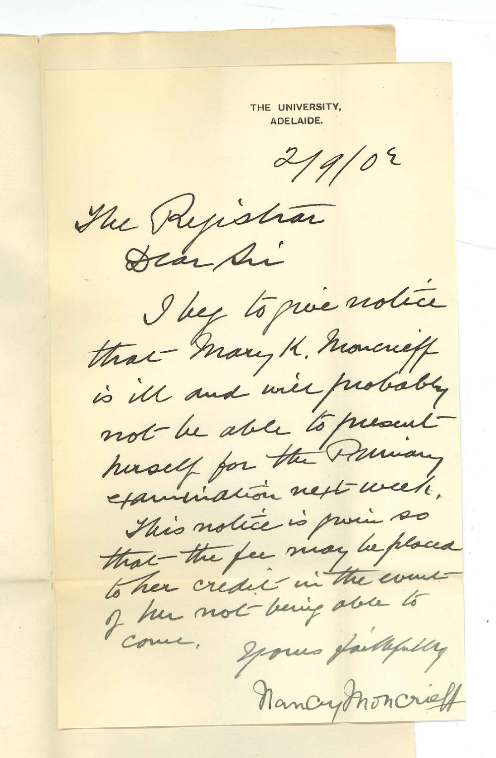 Miss Nancy Moncrieff - Adelaide - Notifying that Mary K Moncrieff may be unable to sit for Primary Public Exam