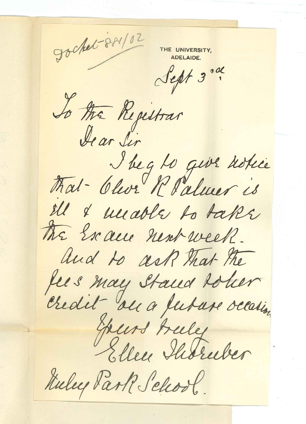 Miss Ellen Thornber - Unley Park School - Withdrawing Miss O R Palmer from Primary Public Examination