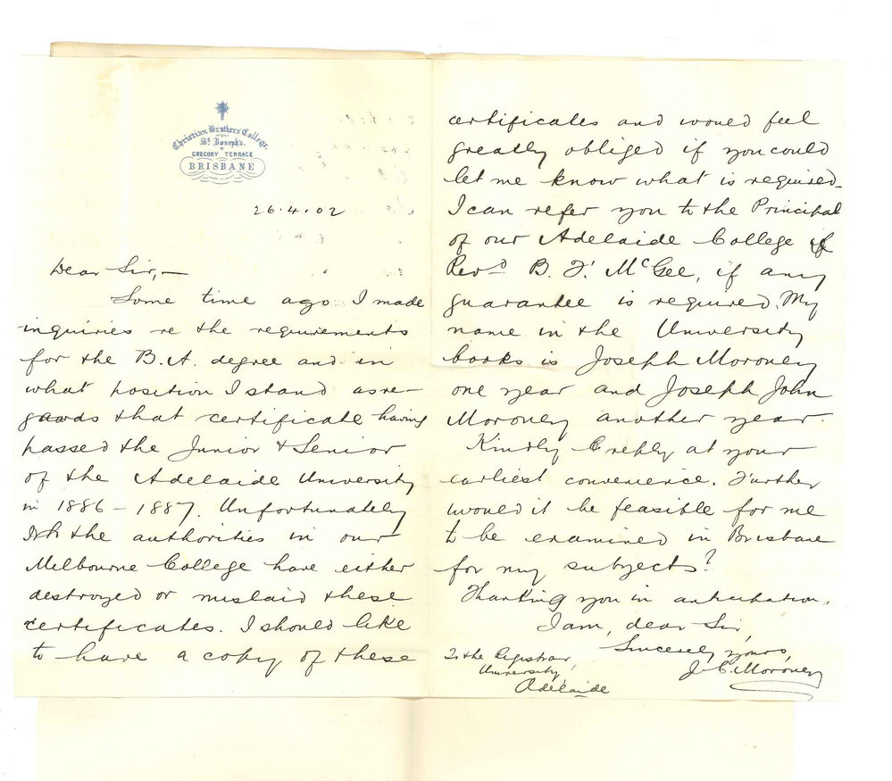 Joseph C Moroney - Brisbane - Requesting copies of certificates in Junior 1886 and Senior 1887 - BA degree and if he may be examined in Queensland