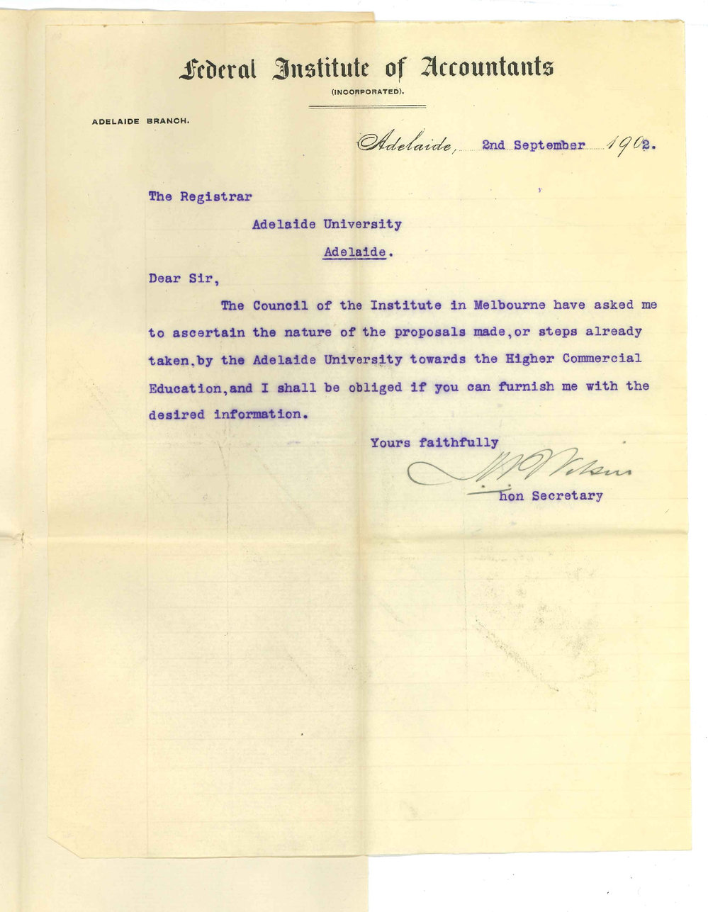 H P Wilson - Honorary Secretary - Federal Institute of Accountants Adelaide - Asking for particulars concerning Higher Commercial education