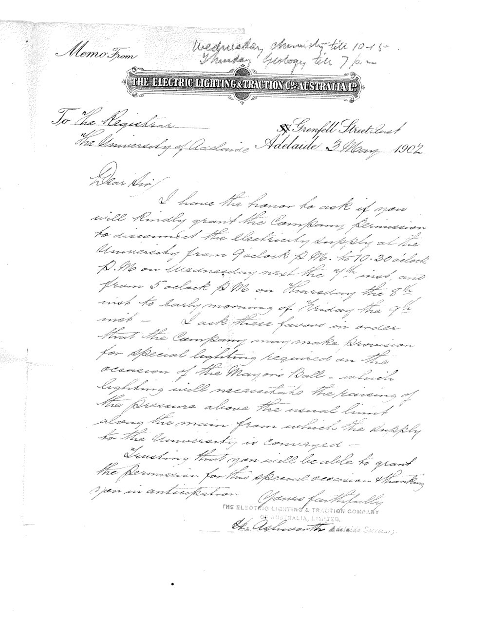 H Ashworth - Secretary - The Electric Lighting and Traction Co - Adelaide - Asking permission to disconnect supply of the electric current on Wednesday and Thursday evening