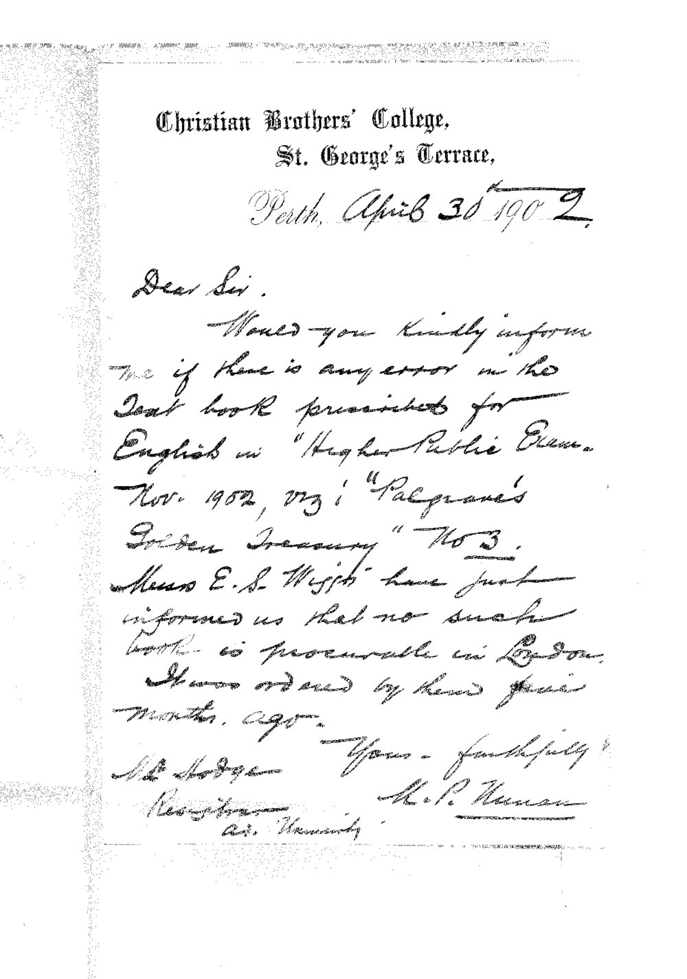 M P Nunan - Christian Brothers' College - Perth - Concerning text book for English in Higher Public Examination