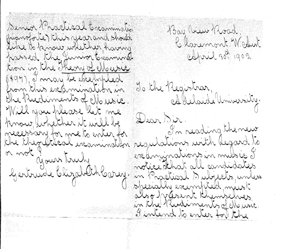 Miss Gertrude Elizabeth Carey - Claremont WA - Concerning exam in rudiments of Music required for candidates who present themselves for practical subjects