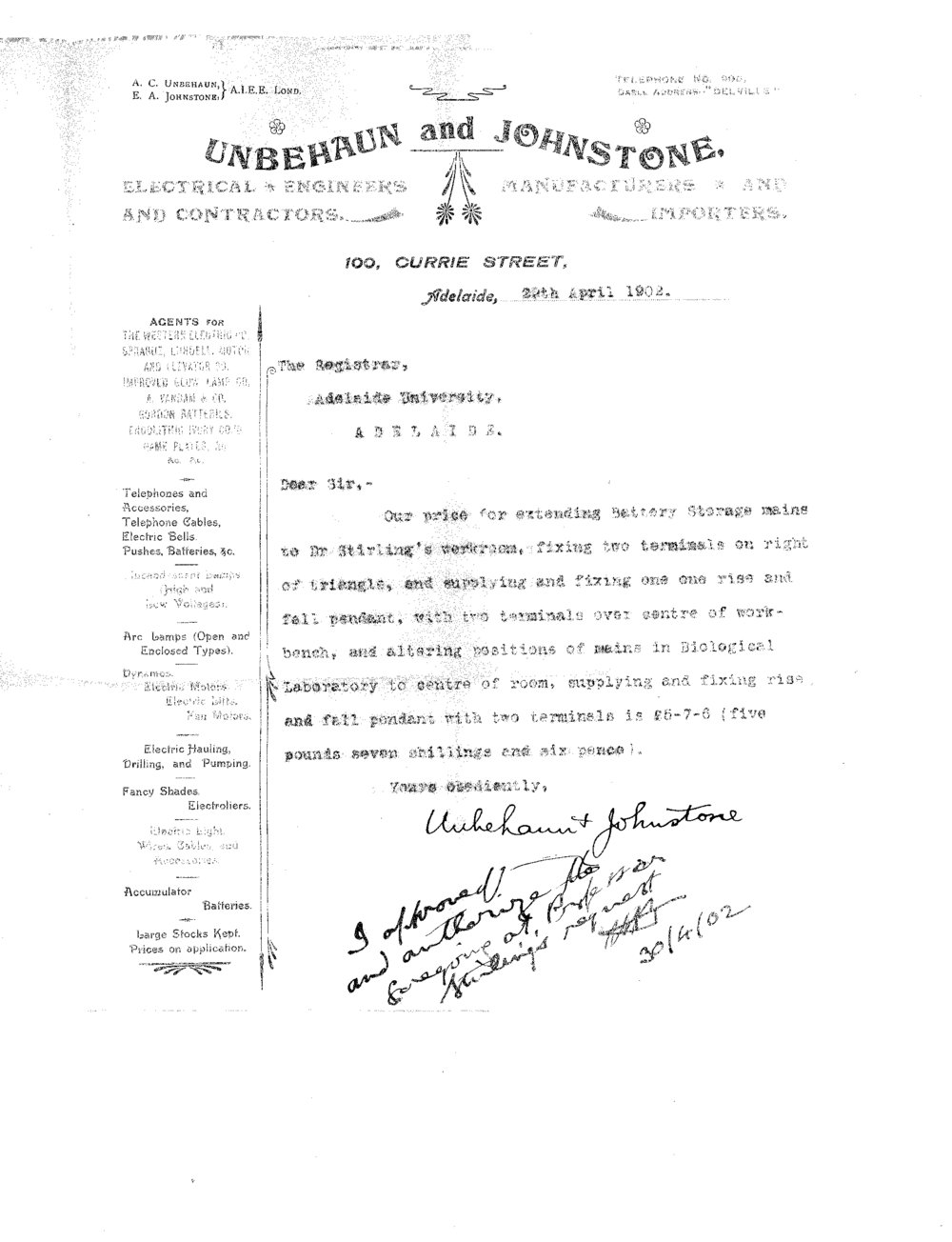 Unbehaun and Johnstone - Electrical Engineers and Contractors - Adelaide - Submitting price for extending battery storage mains to Professor Stirling's workroom