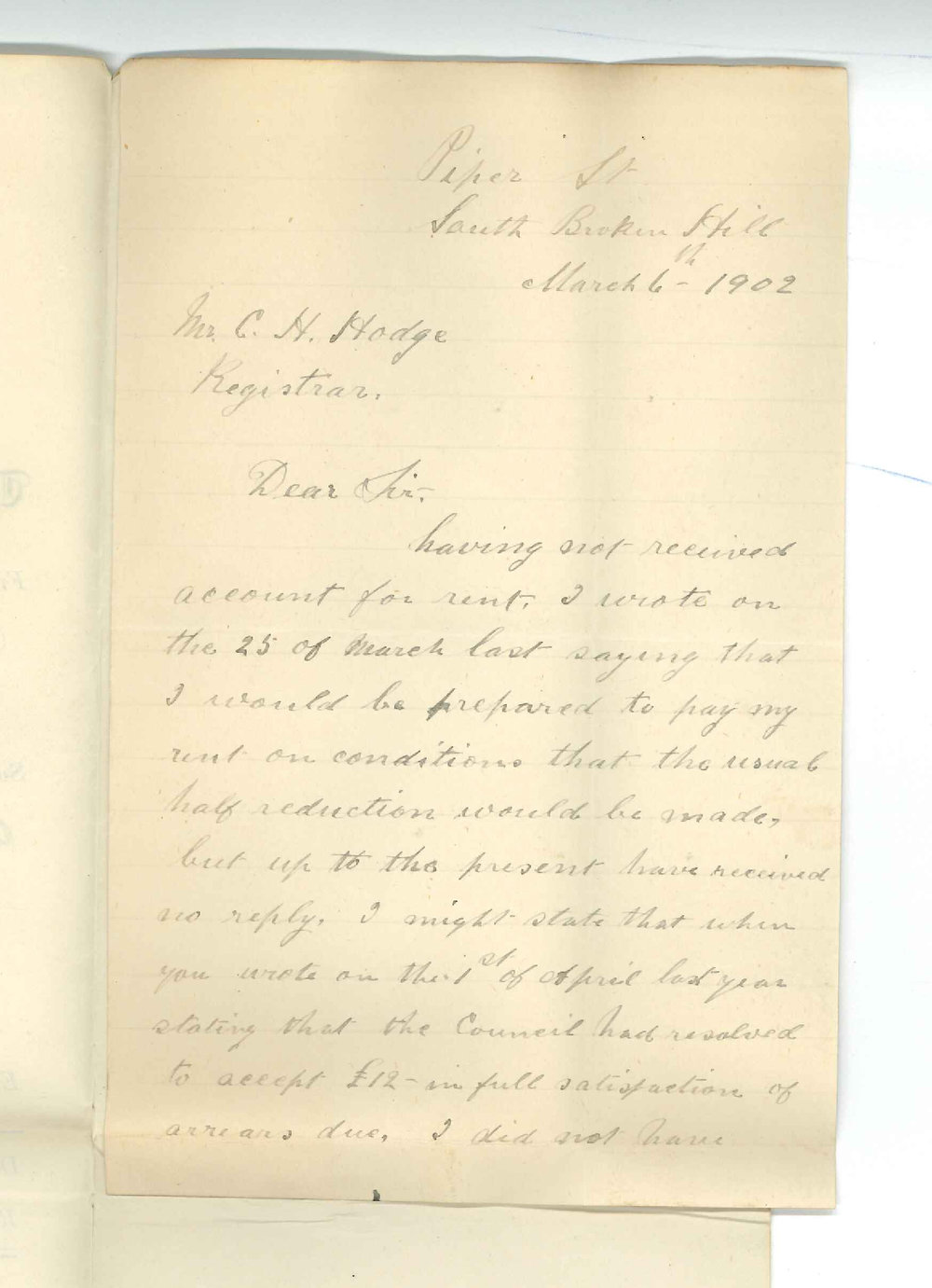 R McLeish - South Broken Hill - Concerning arrears of rent