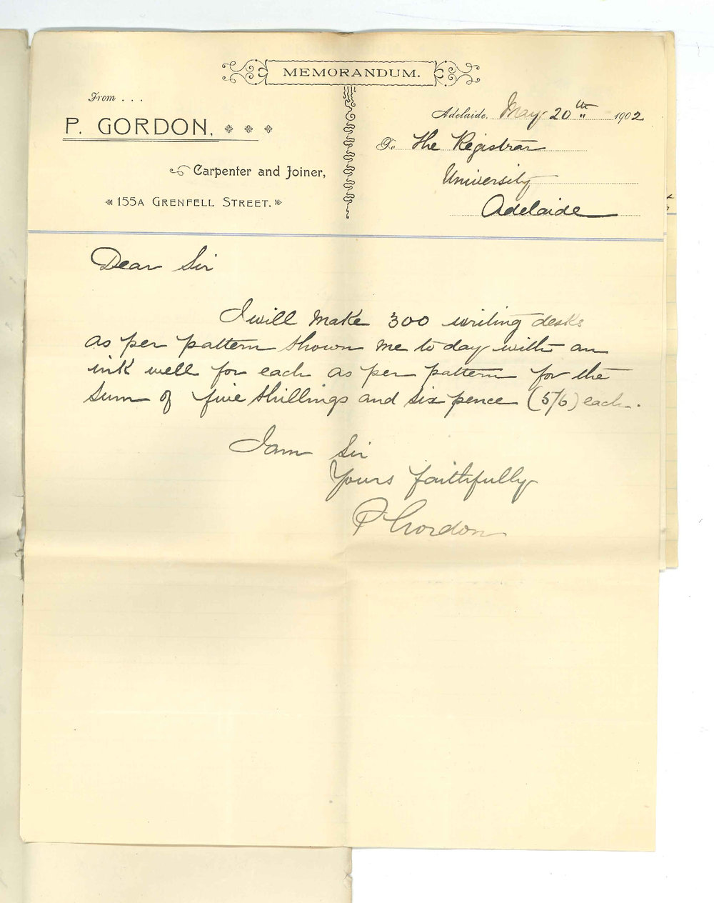 Messrs P Gordon McDougall and Gow - Lewis Harris - P Gay and Co - N W Trudgen - Adelaide - Tenders for examination tables