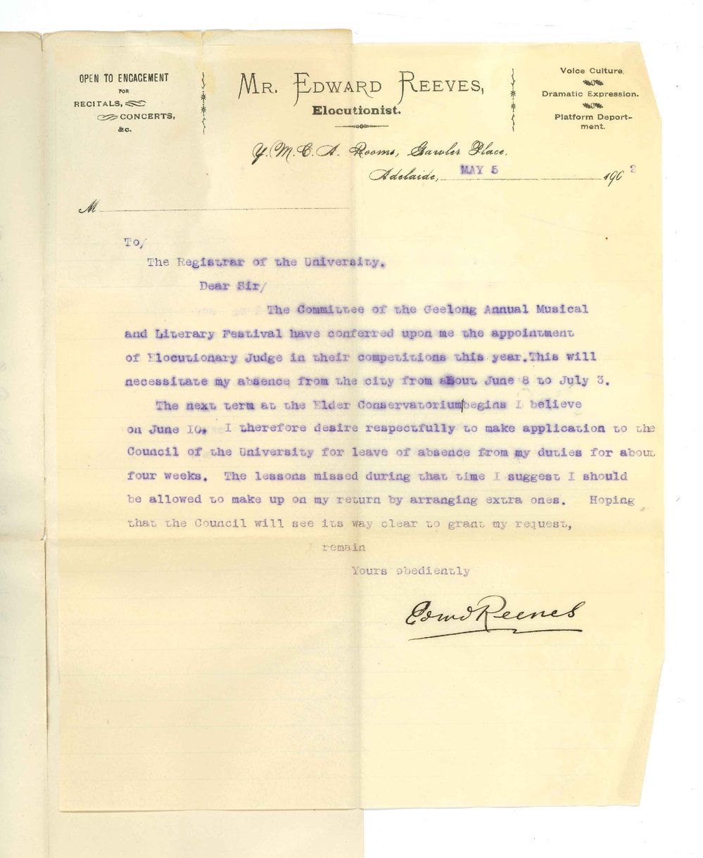 Mr Edward Reeves - Elocutionist - University of Adelaide - Requesting leave of absence from June 8th to July 3rd