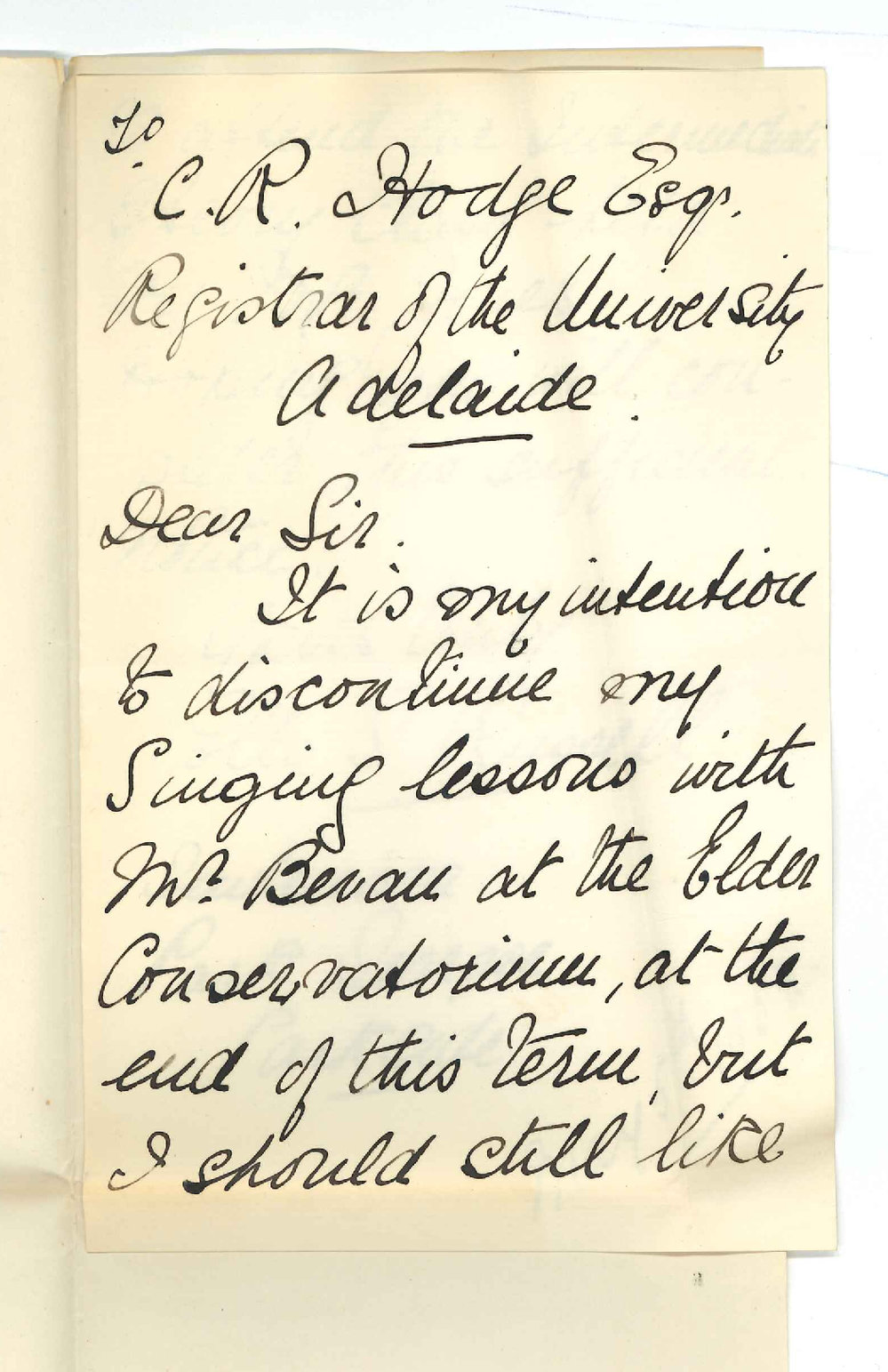 Miss Ella S Russell - Parkside - Discontinuing lessons at the Elder Conservatorium