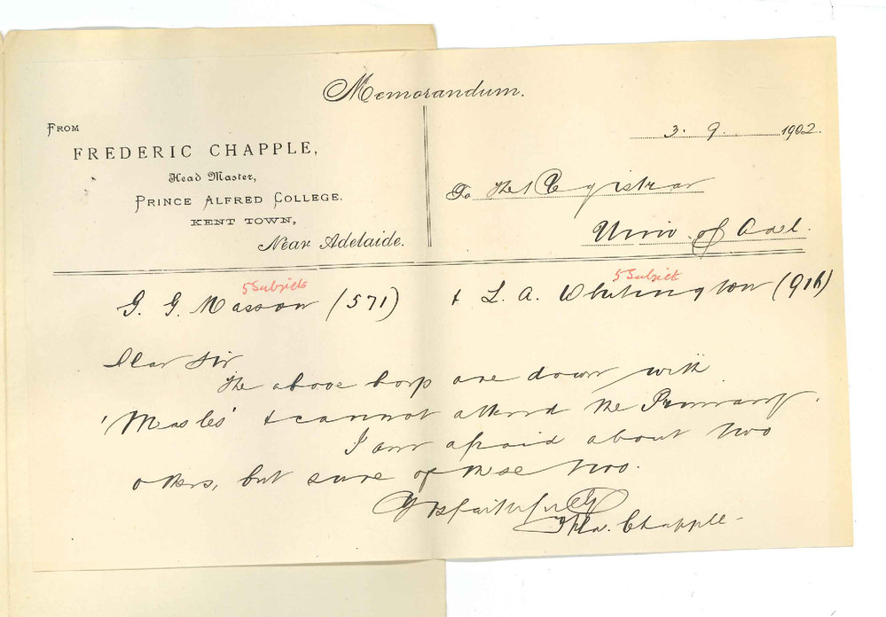 Frederic Chapple - Prince Alfred College - Withdrawing G G Mason and L A Whitington from Primary Public Exam