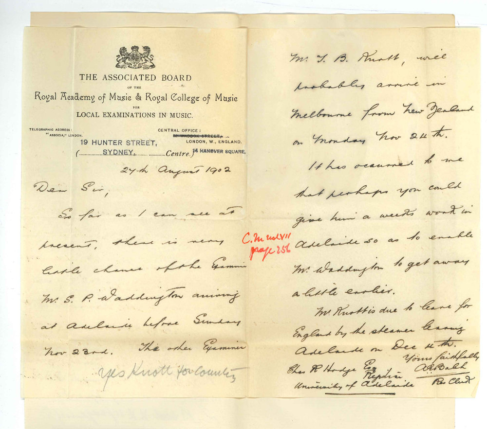 A E Balch - Resident Clerk - The Associated Board - Sydney - With respect to date of arrival of Examiner for Associated Board Exams