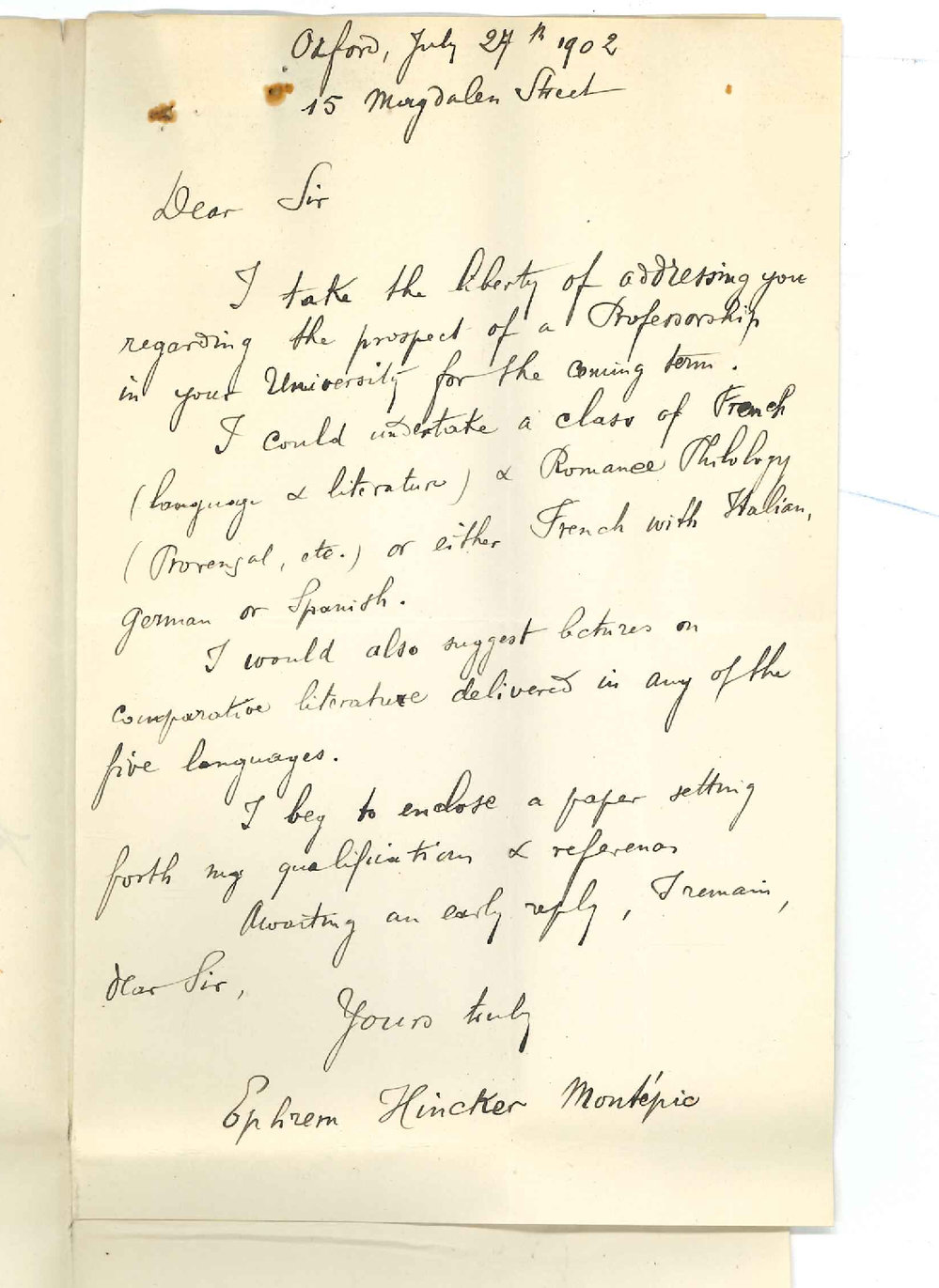 Ephrem Hincker Montepic - Oxford - Regarding prospect of a Professorship of French