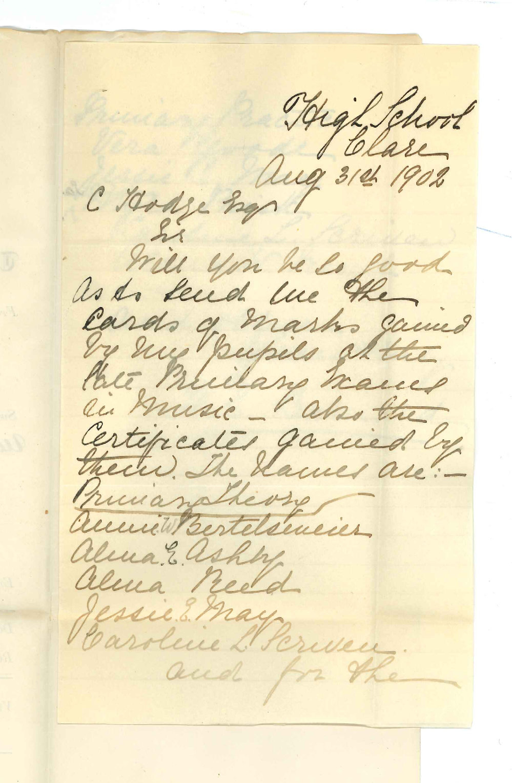 Miss F E Barnard - Clare - Requesting Card of Marks and Certificates