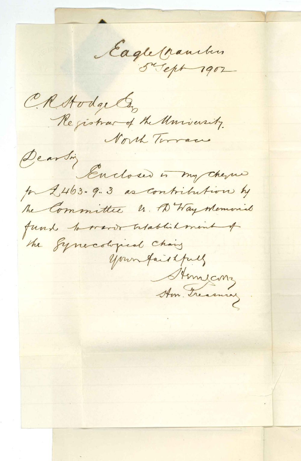 Henry Scott - Honorary Treasurer - Way Memorial Committee - Adelaide - Forwarding cheque for Endowment of Way Memorial Committee