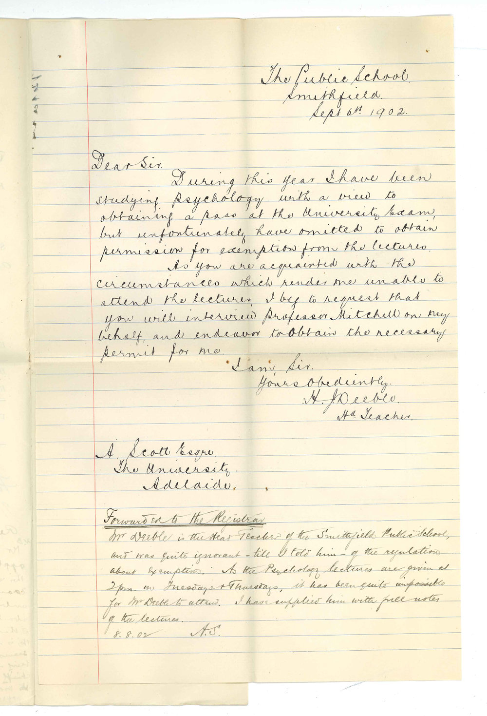 H J Deeble - Smithfield - Exemption from attendance at lectures