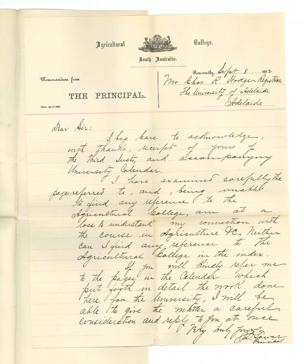 Professor J D Toware - Agriculture College Roseworthy - Receipt of Calendar and Course of Agriculture