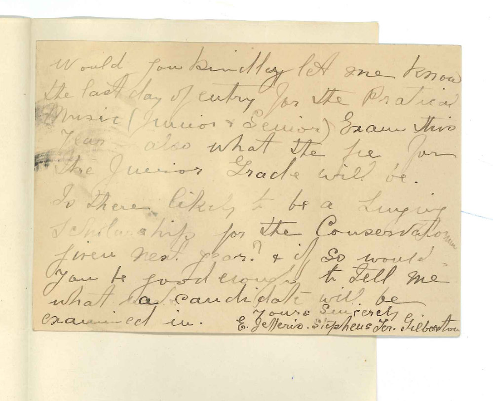 E Jefferis - Gilberton - Requesting information of Practice of Music Junior and Senior Exam - Singing Scholarship at Conservatorium
