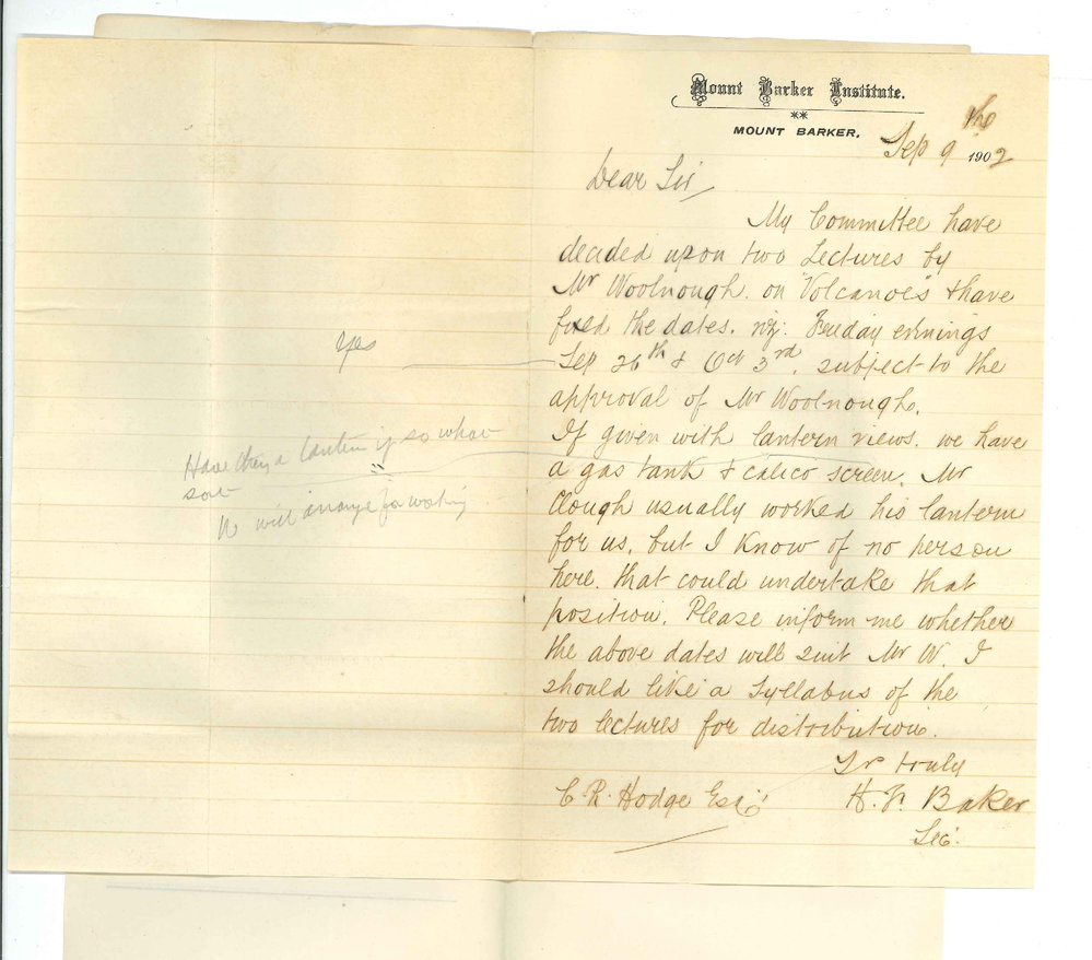 H F Baker - Secretary - Mount Barker Institute - Accepting Course Extension Lectures by Mr Woolnough