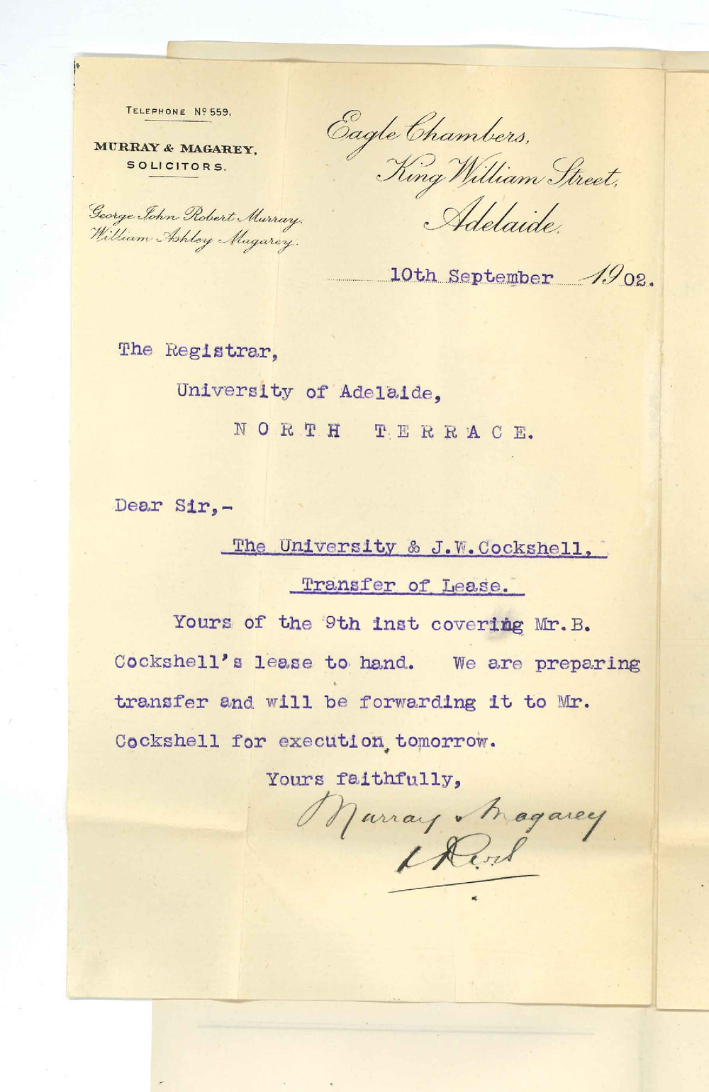 Murray and Magarey - Adelaide - Forwarding Heggies Lease and Memo of charges and regarding J W Cockshell transfer of lease