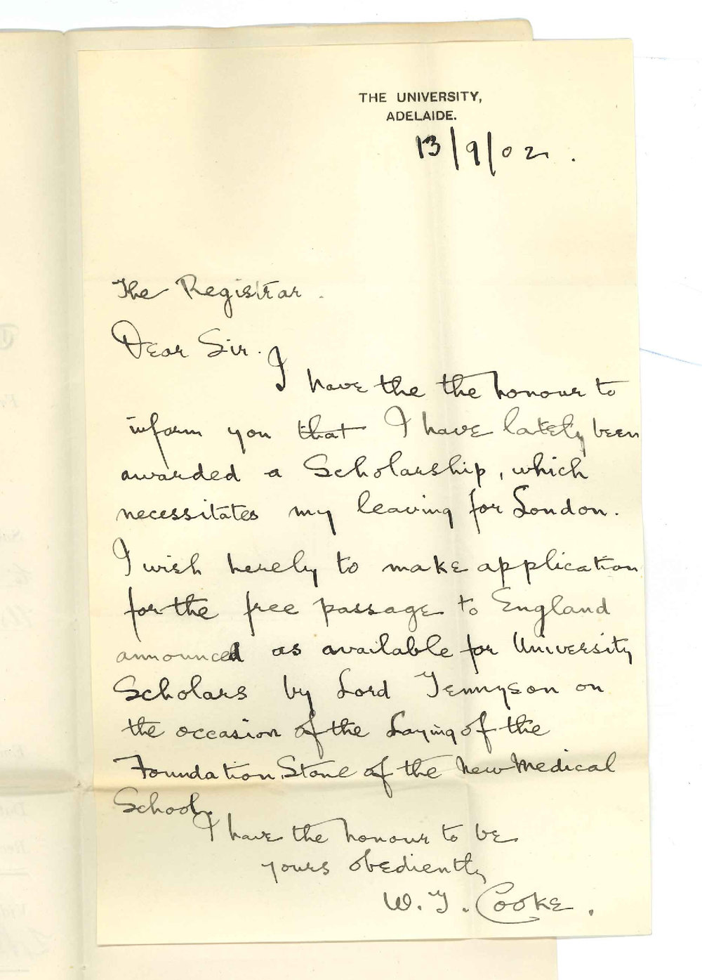 William Ternent Cooke - The University - Application for free passage to England available for University Scholars