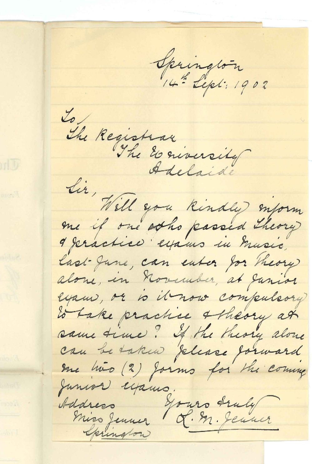 Miss L M Jenner - Springton - Requesting information of Music Exams and entry forms