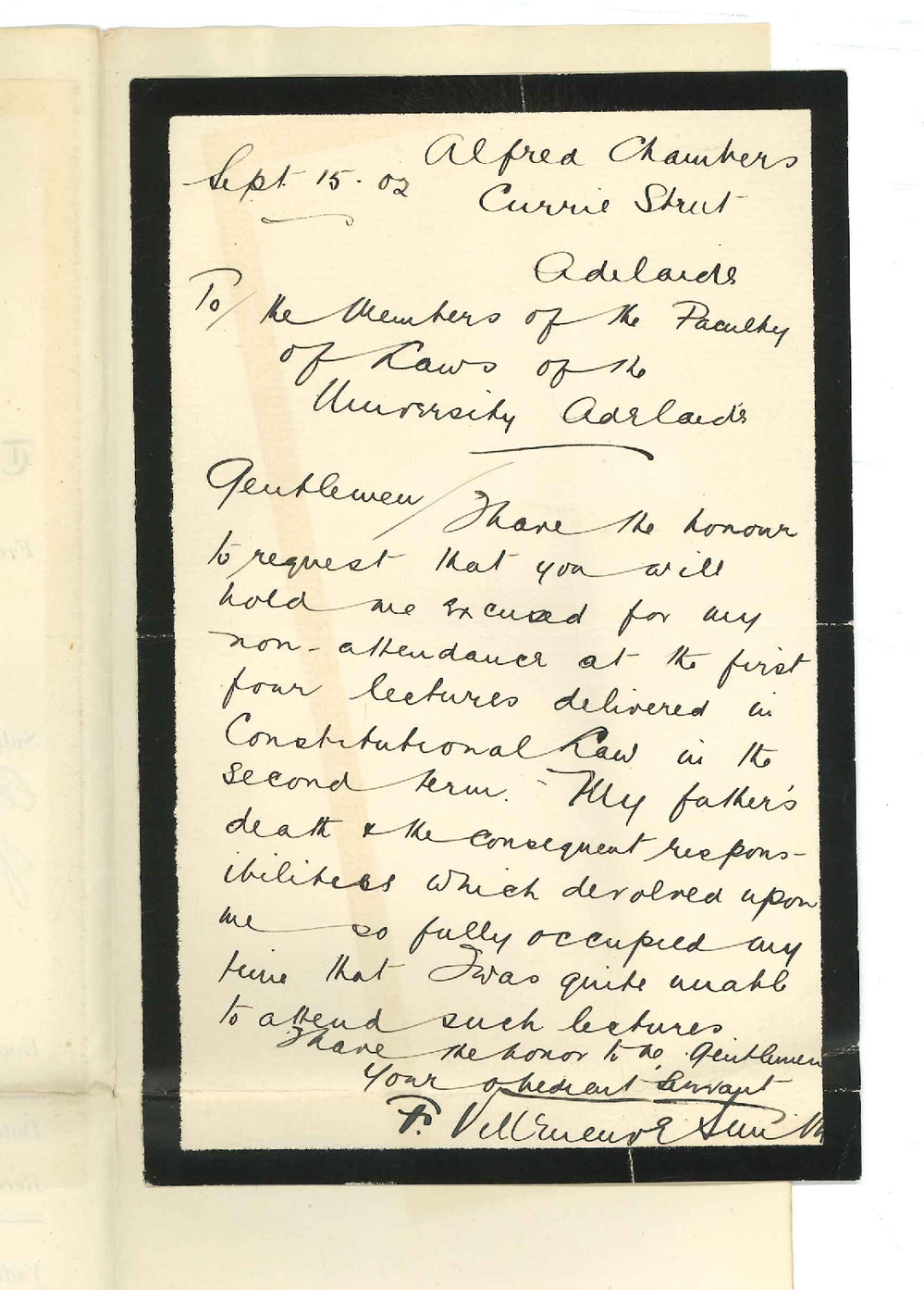 F V Smith - Adelaide - Exemption attendance lectures at beginning of second term