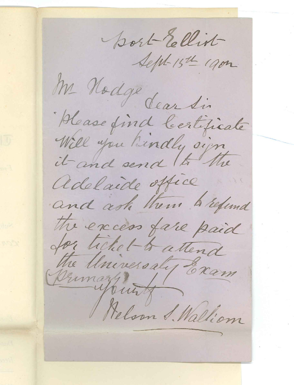 Nelson S Walkam - Port Elliot - Requesting railway certificate to be signed