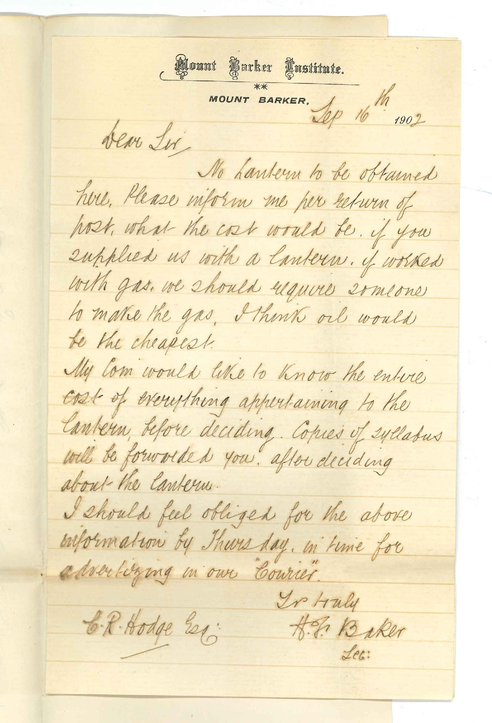 H F Baker - Secretary - Mount Barker Institute - With respect to lantern for Extension Lecture by Mr Woolnough