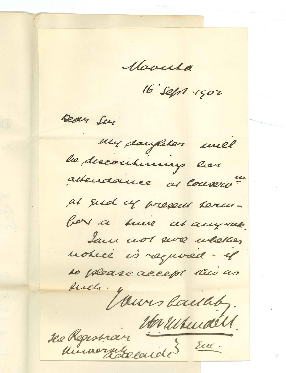 H W Uffindell - Moonta - Daughter will discontinue lessons at the Conservatorium