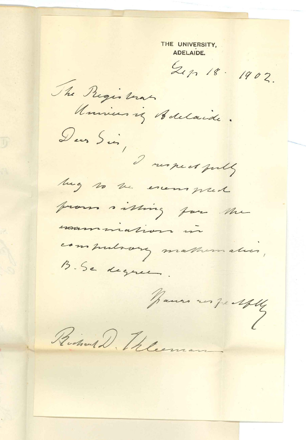 Richard D Kleeman - The University - Requesting to be exempted from sitting for Compulsory Mathematics Exam in BSc Course