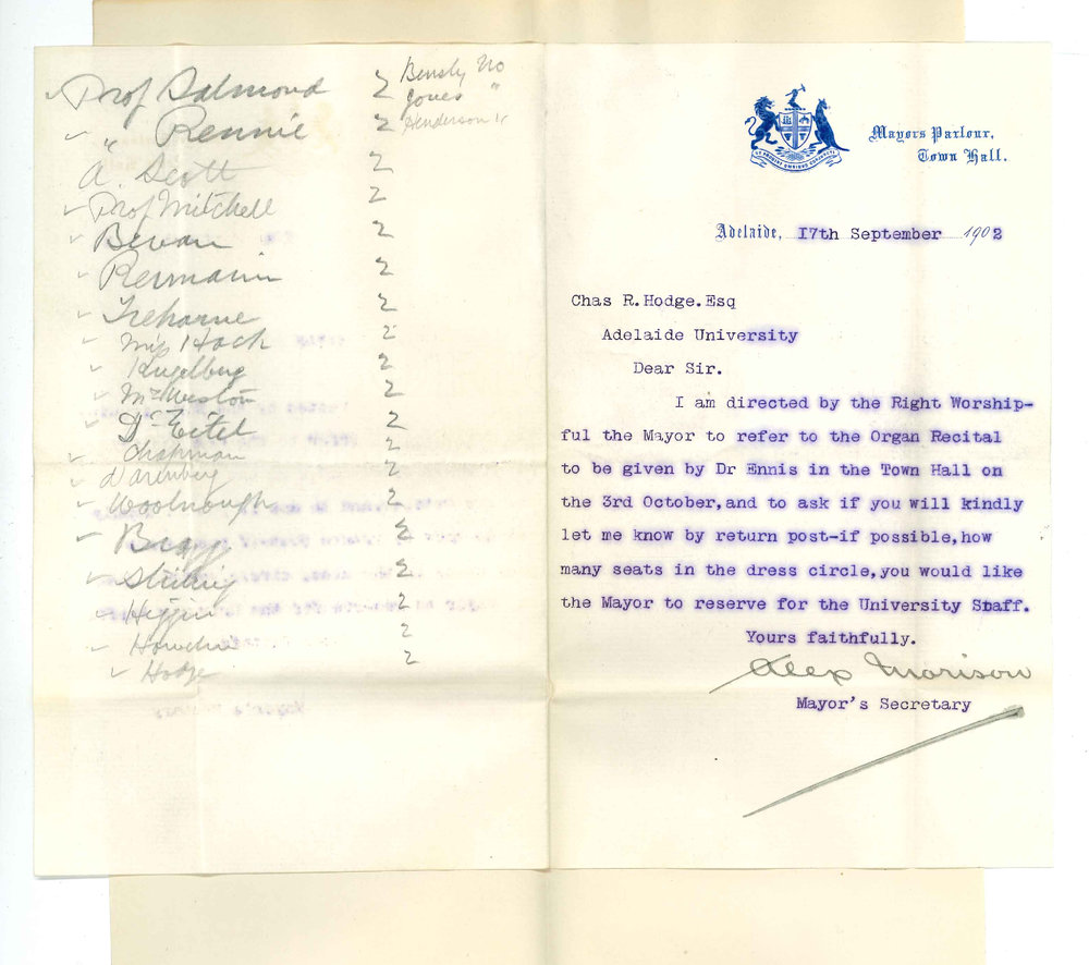 Alex Morison - Mayors Secretary - Adelaide - Requesting number of seats required by staff for Dr Ennis organ recital