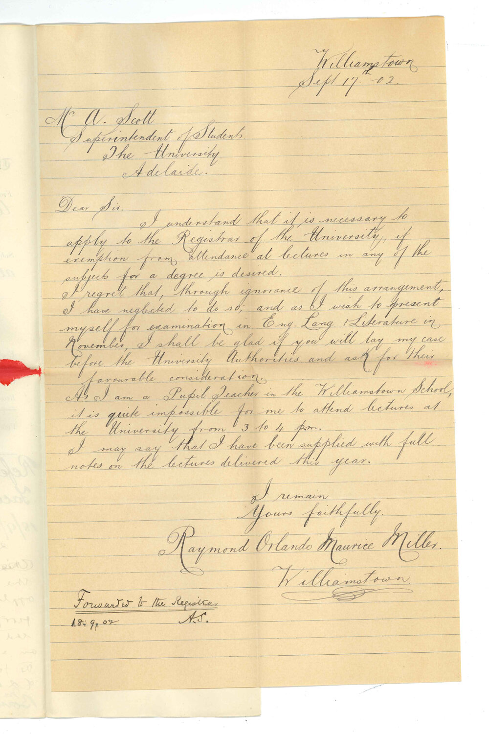 Raymond Orlando Maurice Miller - Williamstown - Exemption from attendance at lectures
