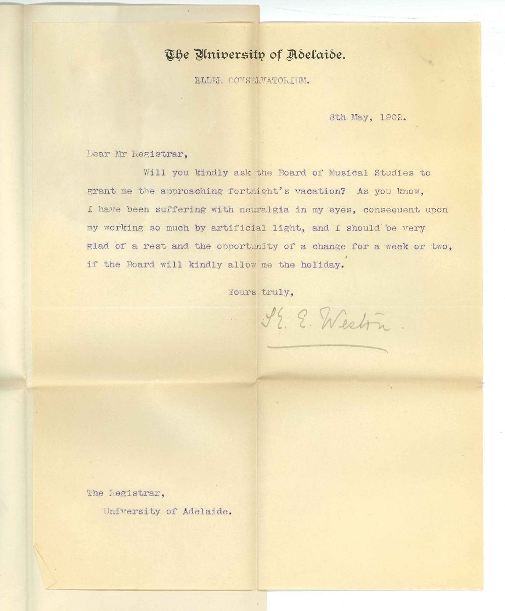 Mrs K E Weston - Conservatorium - Requesting leave of absence during next vacation