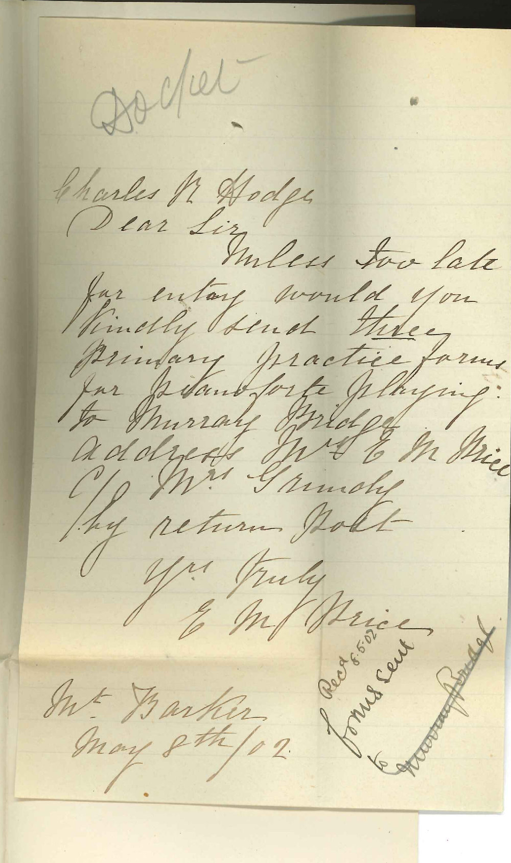 Mrs E M Price - Mount Barker - Requesting entry forms for Primary Practice of Music