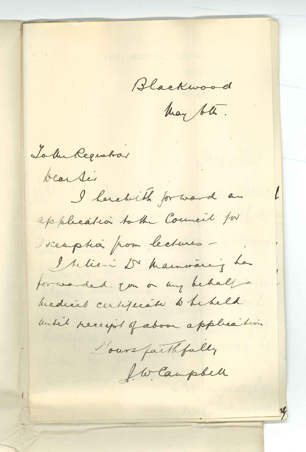 James Way Campbell - Blackwood - Exemption from attendance at lectures