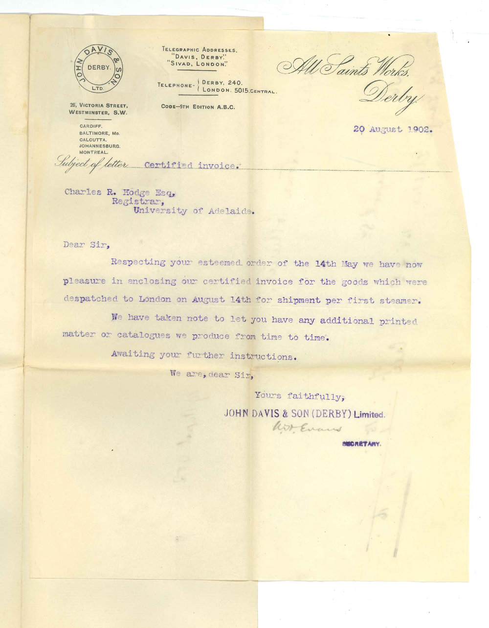 John Davis and Son - Derby England - Have forwarded goods on to London for shipment ordered on 14 May