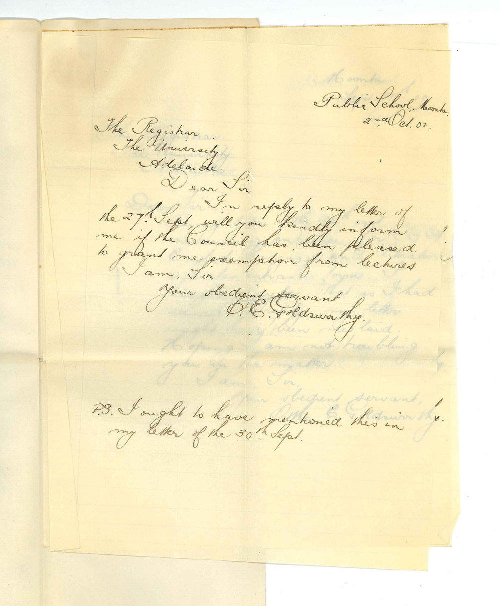 Ottho Eric Goldsworthy - Moonta - Exemption from attendance at Lectures