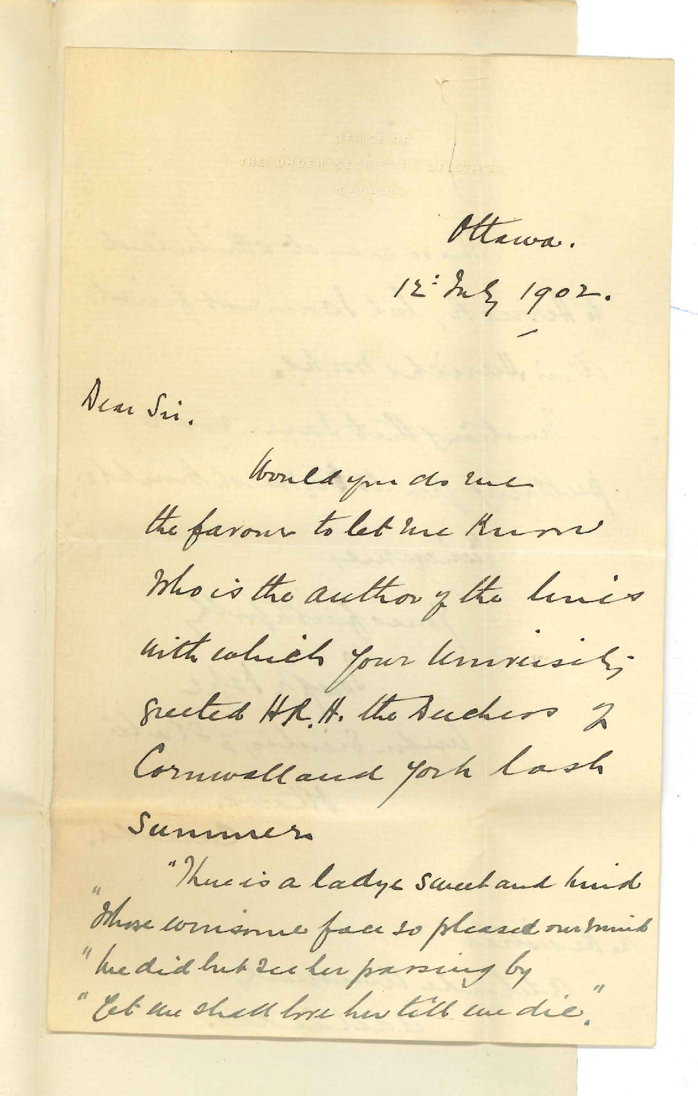 Joseph Pope - Under Secretary of State Ottawa - Canada - Request information regarding lines written by University to greet H R H Duchess of York