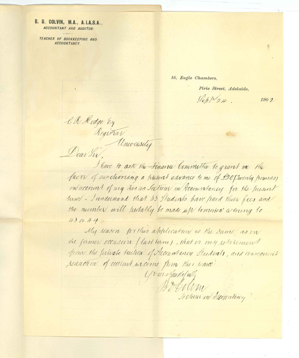 Bazett David Colvin - Adelaide - Asking for payment of &pound;20 on account of fees for Accountancy