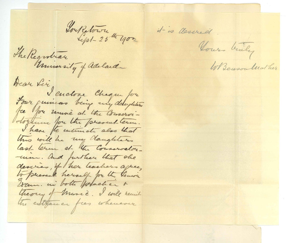 Reverend W Benson Mather - Yorketown - Daughters fees for the Conservatorium - Discontinuing lessons and intends to enter her for Senior Theory and Practice Exam