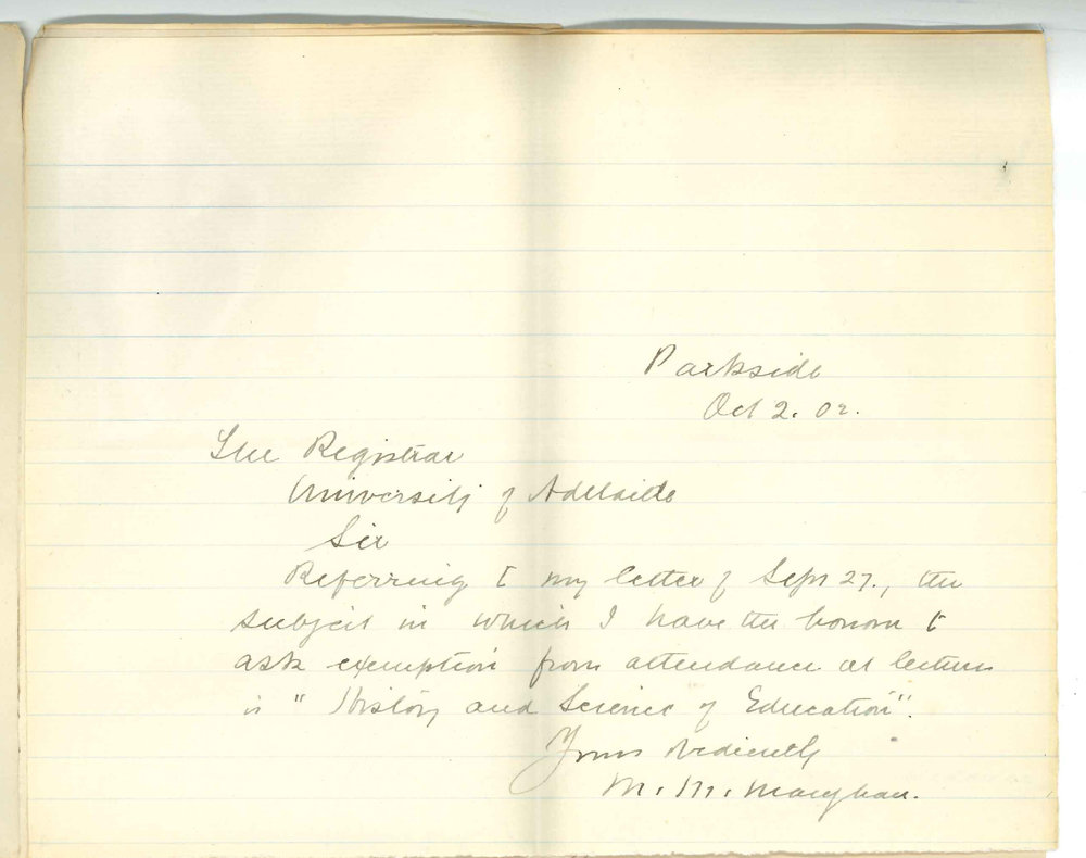 Milton Moss Maughan - Parkside - Exemption from attendance at lectures