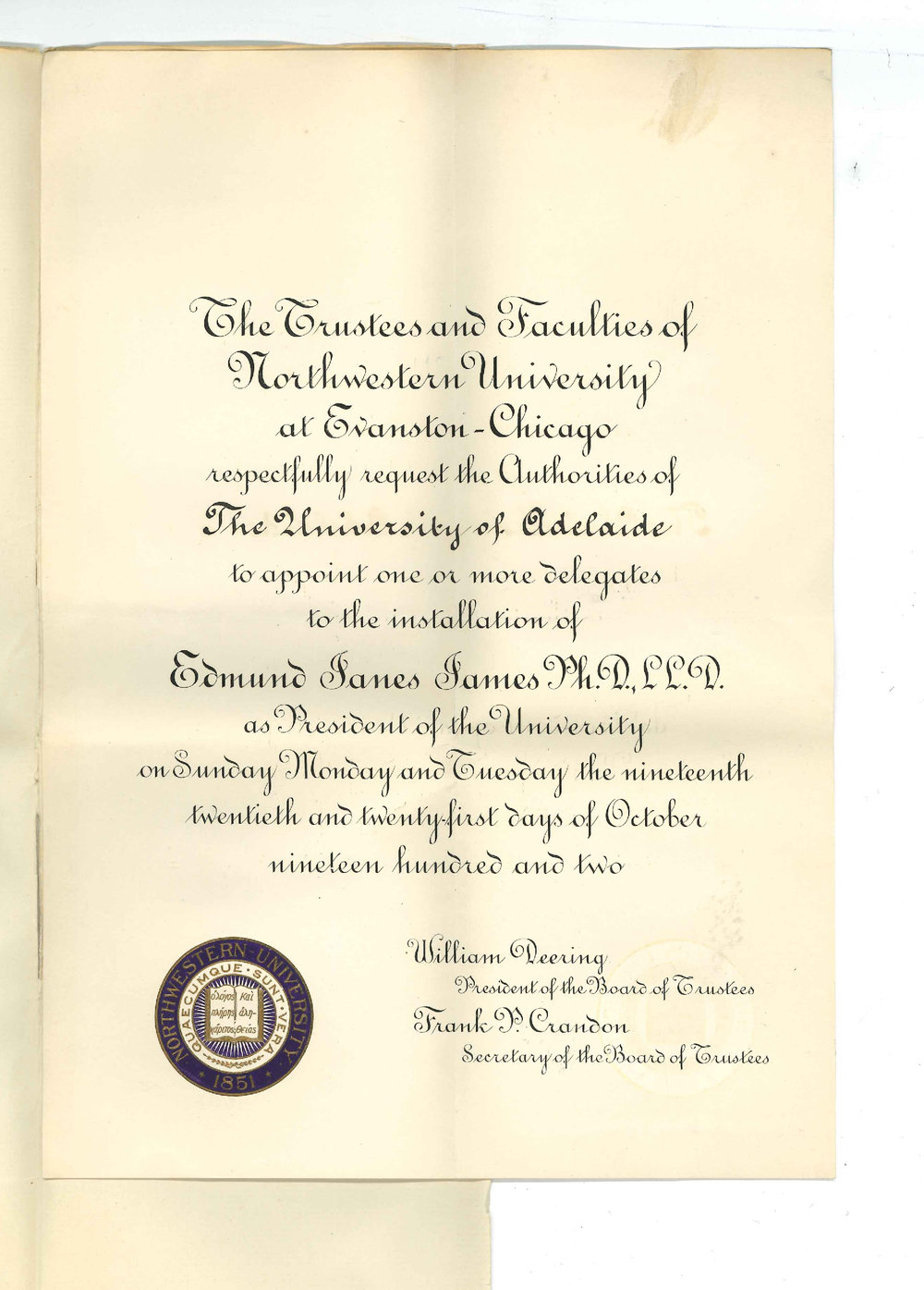North Western University - Evanston Chicago - Delegate to Ceremony
