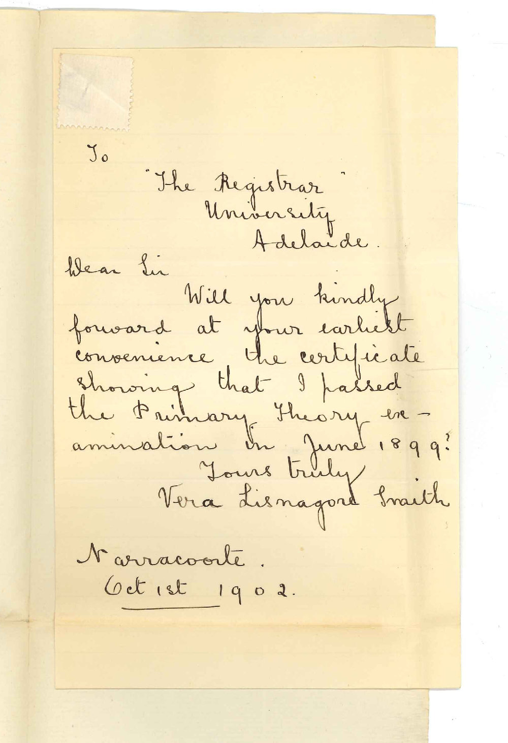 Miss Vera Lisnagore Smith - Narracoorte - Requesting Theory Certificate Primary 1899