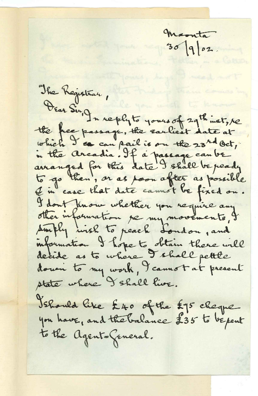 William Ernest Cooke - Moonta - Date intends leaving for London Amount of his cheque he requires - Music Entries