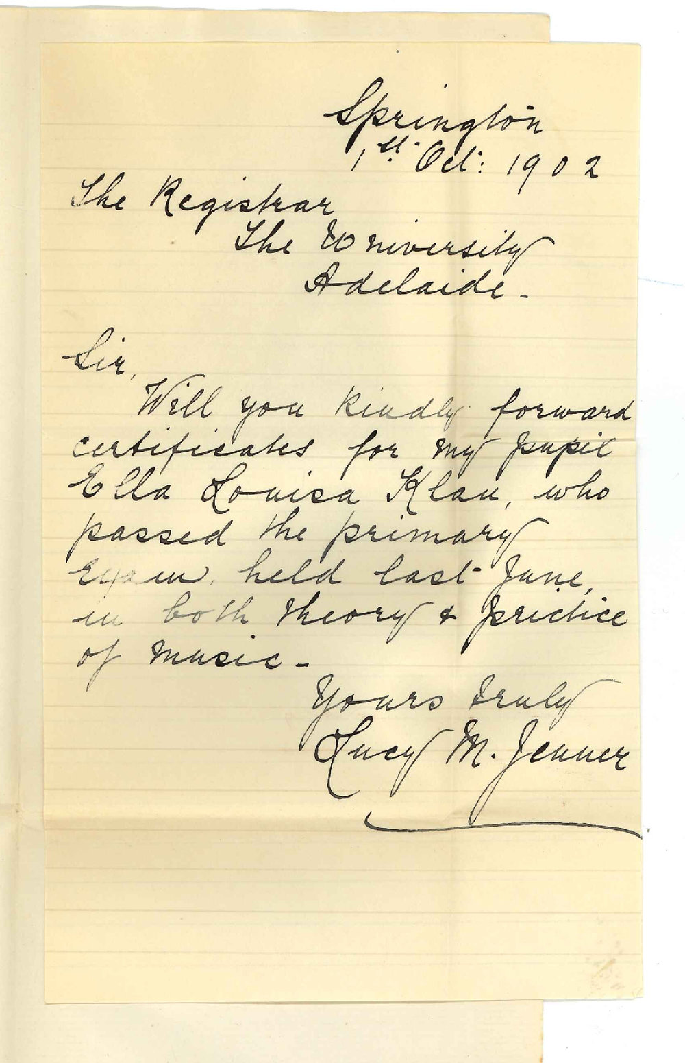 Miss Lucy M Jenner - Springton - Requesting Theory and Practice Certificates for Primary 1902