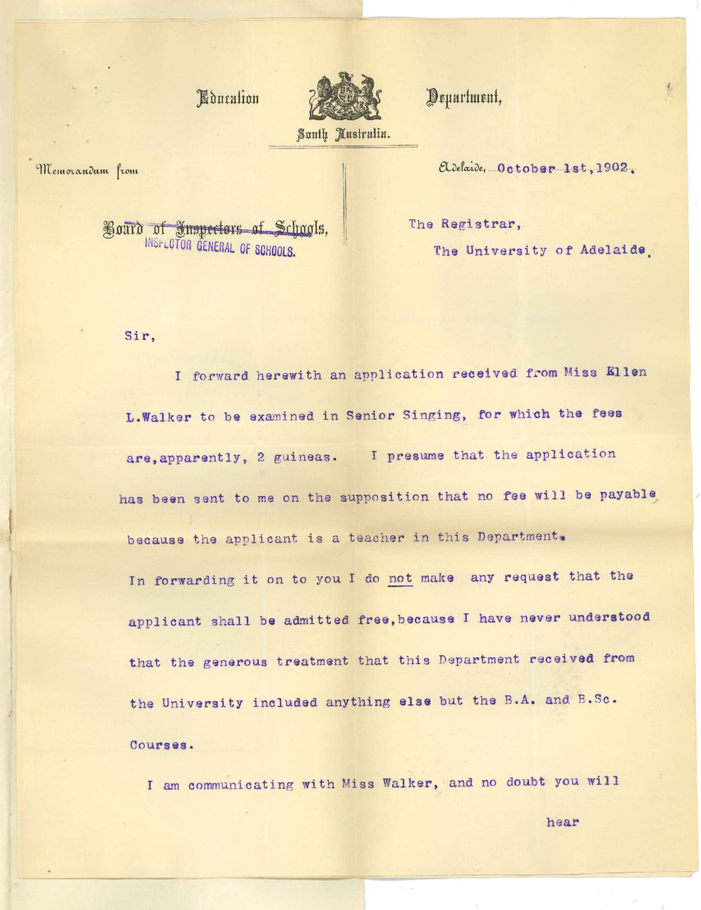 L W Stanton - Inspector General of Schools Adelaide - Concerning application of Miss E L Walker for Senior Singing Exam